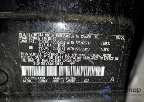 2025 Toyota Rav4 Xle z USA, uszkodzony, nr VIN 2T3P1RFV3SW525863